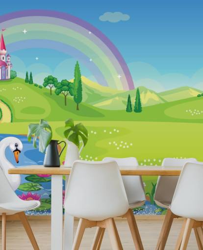 papel pintado princesa palacio, cisne y arco iris