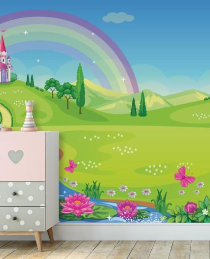 papel pintado princesa palacio, cisne y arco iris