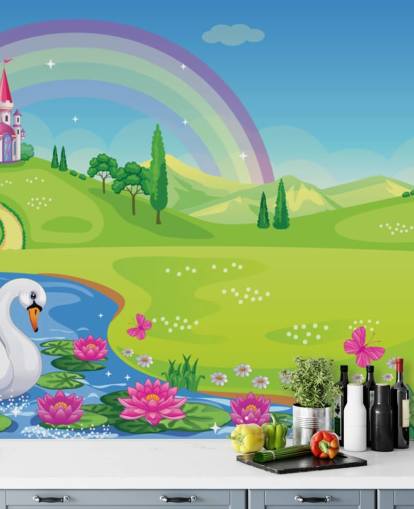 papel pintado princesa palacio, cisne y arco iris