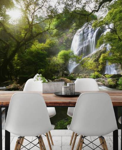 mountain waterfall and stream photo wallpaper