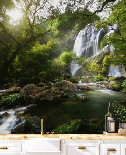 mountain waterfall and stream photo wallpaper