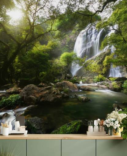 bergwaterval en stream fotobehang