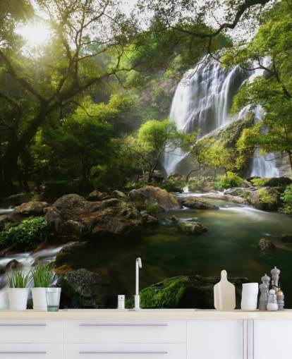 mountain waterfall and stream photo wallpaper