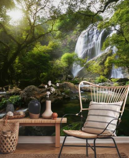 mountain waterfall and stream photo wallpaper