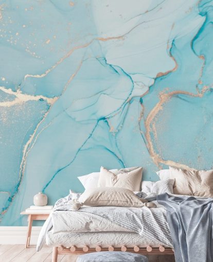 pale blue and gold customizable marble wallpaper mural called Dreamy Blue Watercolor for bedrooms, kitchens or bathrooms