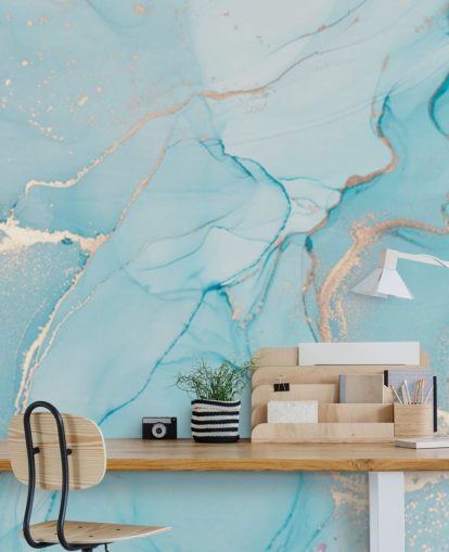 pale blue and gold customizable marble wallpaper mural called Dreamy Blue Watercolor for bedrooms, kitchens or bathrooms