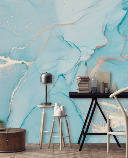 pale blue and gold customizable marble wallpaper mural called Dreamy Blue Watercolor for bedrooms, kitchens or bathrooms