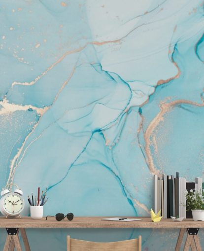 pale blue and gold customizable marble wallpaper mural called Dreamy Blue Watercolor for bedrooms, kitchens or bathrooms