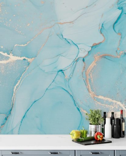 pale blue and gold customisable marble wallpaper mural called Dreamy Blue Watercolour for bedrooms, kitchens or bathrooms