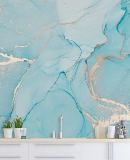 mural de papel pintado de mármol personalizable de color azul pálido y dorado llamado Dreamy Blue Watercolour para dormitorios, cocinas o baños mural de papel pintado de mármol personalizable de color azul pálido y dorado llamado Dreamy Blue Watercolour para dormitorios, cocinas o baños