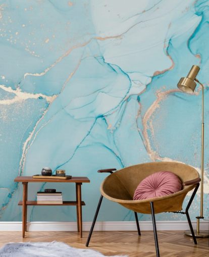 pale blue and gold customizable marble wallpaper mural called Dreamy Blue Watercolor for bedrooms, kitchens or bathrooms
