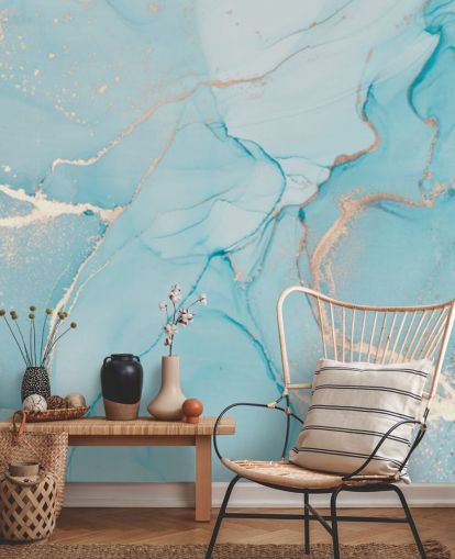 pale blue and gold customizable marble wallpaper mural called Dreamy Blue Watercolor for bedrooms, kitchens or bathrooms