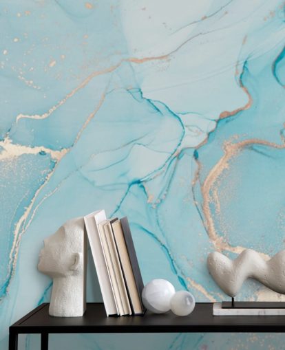 pale blue and gold customisable marble wallpaper mural called Dreamy Blue Watercolour for bedrooms, kitchens or bathrooms