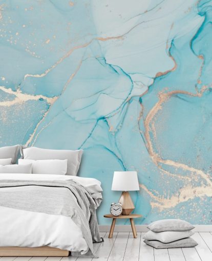 mural de papel pintado de mármol personalizable de color azul pálido y dorado llamado Dreamy Blue Watercolour para dormitorios, cocinas o baños mural de papel pintado de mármol personalizable de color azul pálido y dorado llamado Dreamy Blue Watercolour para dormitorios, cocinas o baños