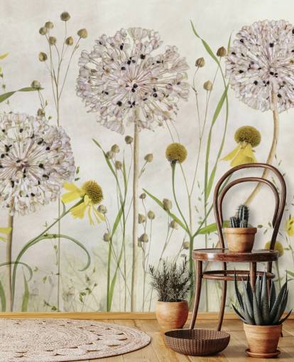 papel pintado de margaritas amarillas y flores blancas