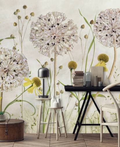 papel pintado de margaritas amarillas y flores blancas