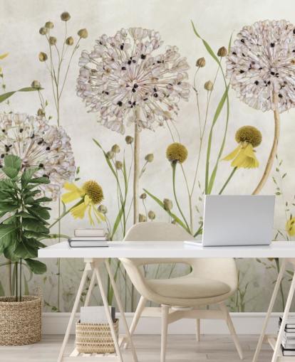 papel pintado de margaritas amarillas y flores blancas