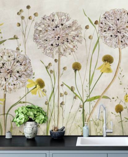 papel pintado de margaritas amarillas y flores blancas