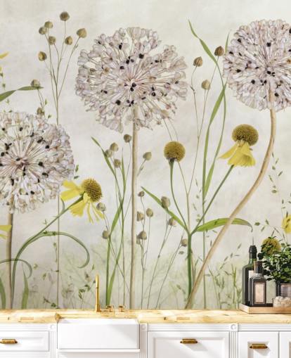 gula prästkragar och vita blommor tapeter