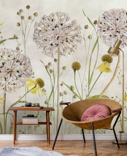 carta da parati gialle e fiori bianchi