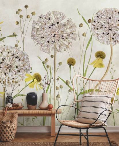 papier peint marguerites jaunes et fleurs blanches