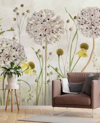 gule tusenfryd og hvite blomster tapet