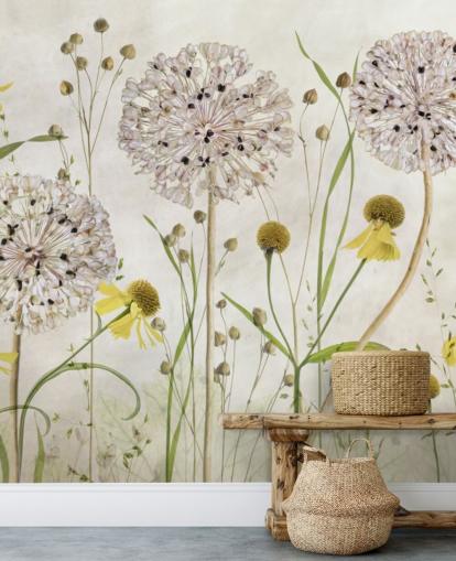 papel pintado de margaritas amarillas y flores blancas