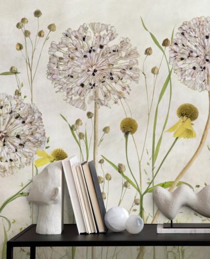 papel pintado de margaritas amarillas y flores blancas