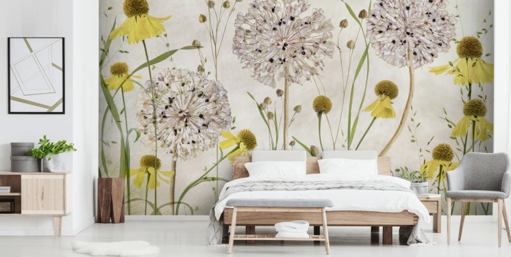 papier peint marguerites jaunes et fleurs blanches