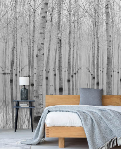 papel de parede floresta de bétula preto e branco