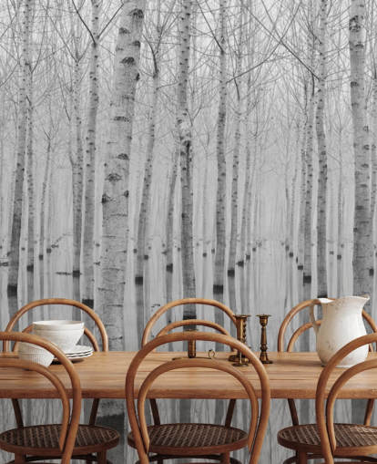 papel de parede floresta de bétula preto e branco