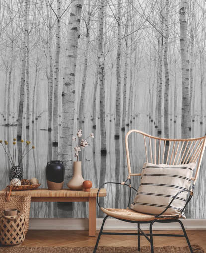 black and white birch tree forest wallpaper
