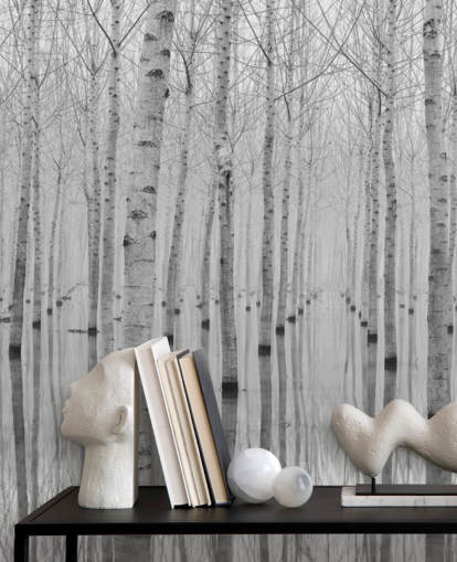 black and white birch tree forest wallpaper
