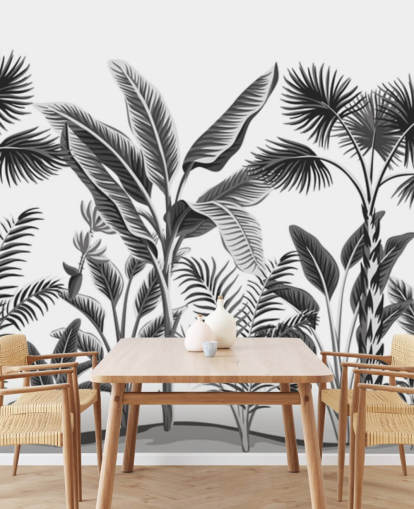 illustreret sort og hvid palme blad tapet