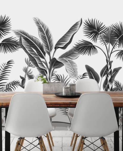 papel pintado de hoja de palma en blanco y negro ilustrado