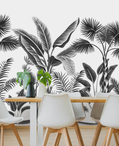 illustrated black and white palm leaf wallpaper