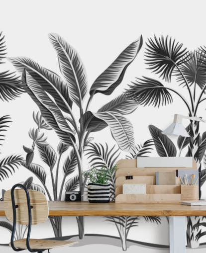 papier peint illustré de feuilles de palmier noir et blanc