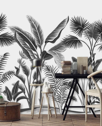 papel pintado de hoja de palma en blanco y negro ilustrado