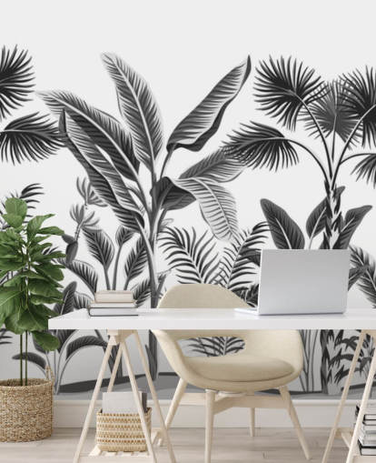 papel pintado de hoja de palma en blanco y negro ilustrado