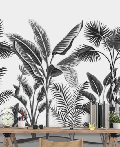 papier peint illustré de feuilles de palmier noir et blanc