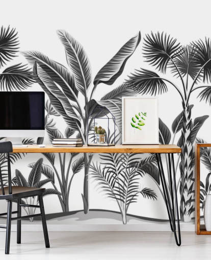 geïllustreerd zwart-wit palmbladbehang geïllustreerd zwart-wit palmbladbehang