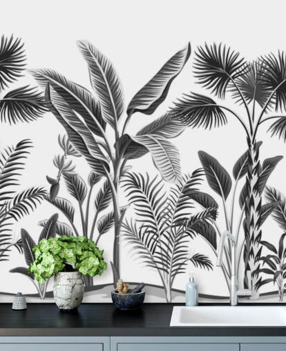 papel pintado de hoja de palma en blanco y negro ilustrado