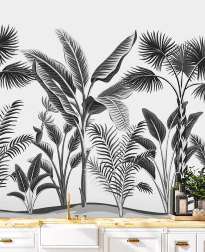 illustrated black and white palm leaf wallpaper