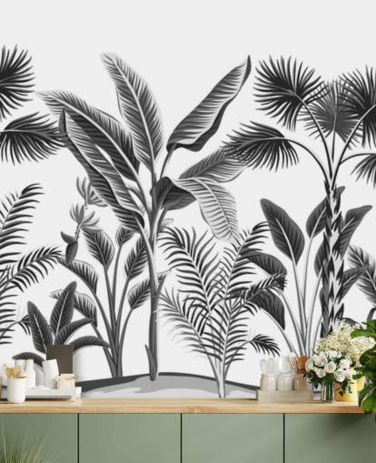papel pintado de hoja de palma en blanco y negro ilustrado