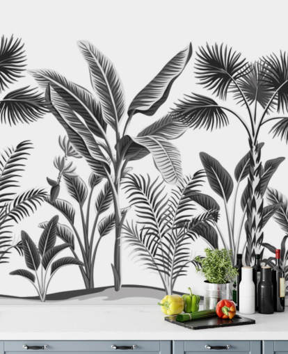 illustrierte schwarze und weiße Palmblatt-Tapete