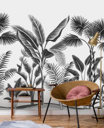 papier peint illustré de feuilles de palmier noir et blanc