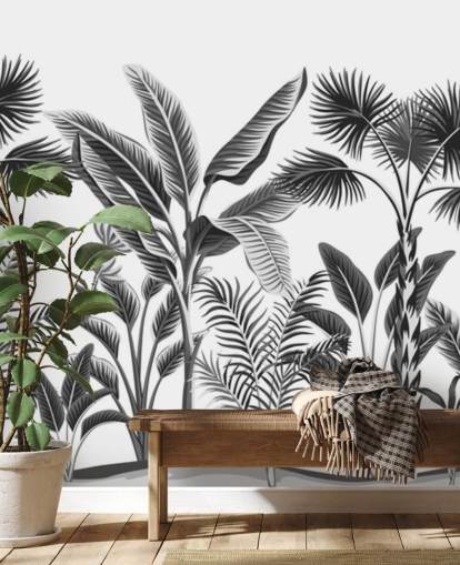 illustrated black and white palm leaf wallpaper