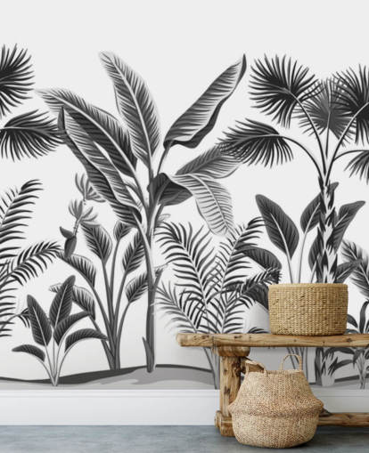 illustreret sort og hvid palme blad tapet