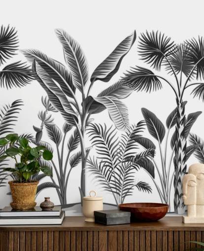 papel pintado de hoja de palma en blanco y negro ilustrado