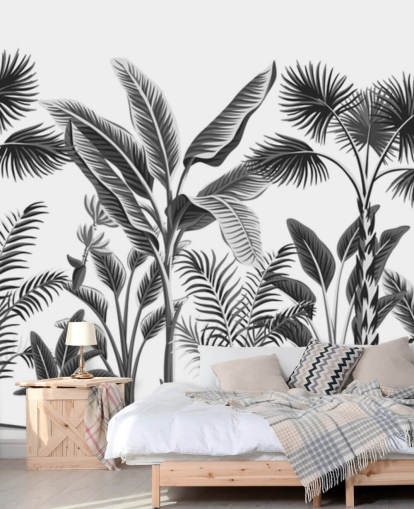 illustreret sort og hvid palme blad tapet